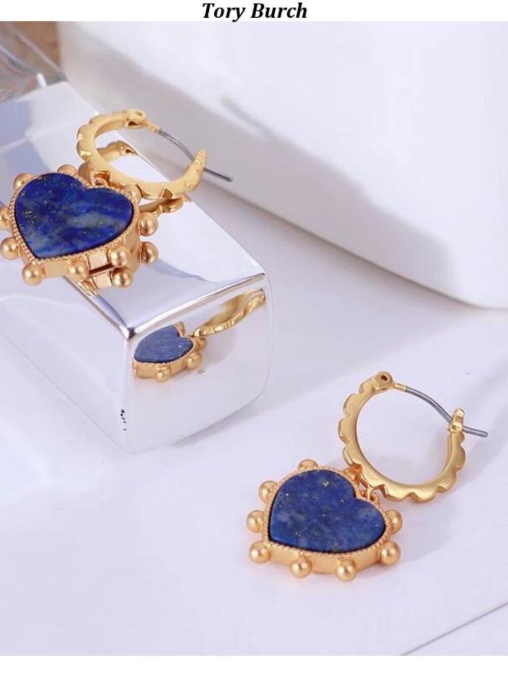 Tory Burch Gold-Tone Hoop Earrings with Blue Heart Drops